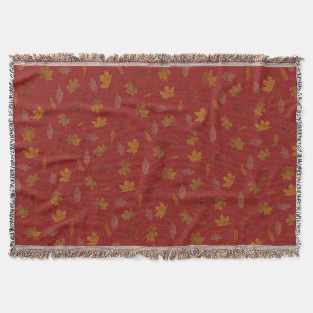 Golden Autumn Leaves on Red Custom Colour Throw Blanket (Front)