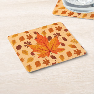Golden Autumn Leaves Square Paper Coaster