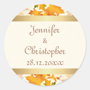 Golden Autumn Leaves Wedding Classic Round Sticker