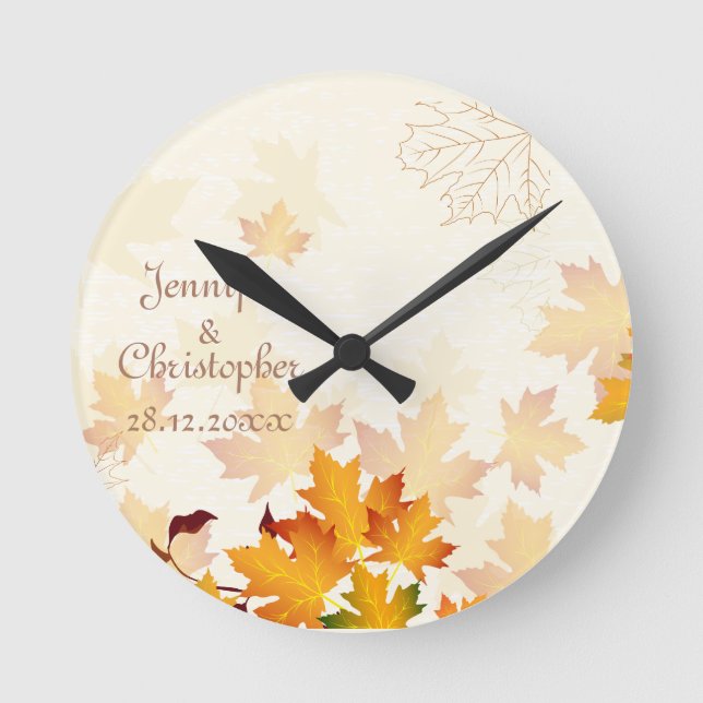 Golden Autumn Leaves Wedding Memento Round Clock (Front)