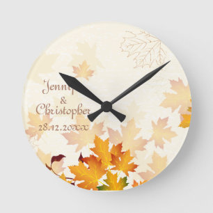 Golden Autumn Leaves Wedding Memento Round Clock