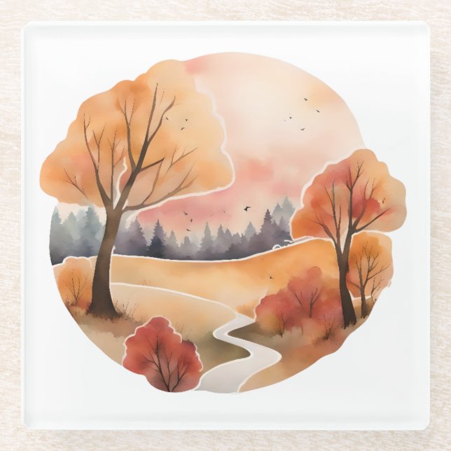 Golden Autumn Pathway Glass Coaster (Front)