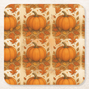 Golden Autumn Pumpkin and Falling Leaves Square Paper Coaster