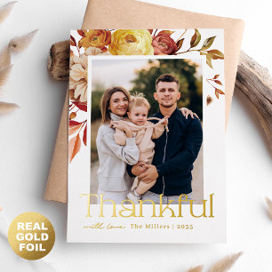 Golden Autumn Thankful Floral Family Photo Foil Holiday Card