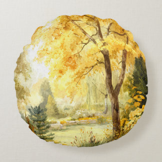 Golden Autumn Trees Watercolor Park Pillow