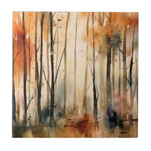 Golden Autumn Watercolor Forest Woodland Pattern Ceramic Tile