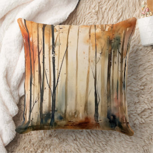 Golden Autumn Watercolor Forest Woodland Pattern Cushion