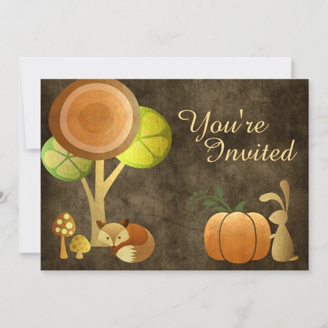 Golden Autumn Woodland Animals Birthday Invitation (Front)
