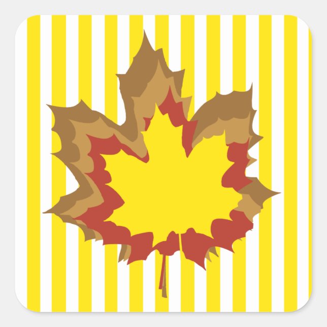 Golden Autumnal Stripes with Leaves Square Sticker (Front)