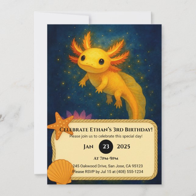 Golden Axolotl Over Lotus Pond Birthday  Invitation (Front)