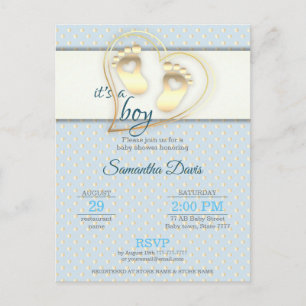 Golden Baby Boy Footprints and Hearts Baby Shower Invitation Postcard