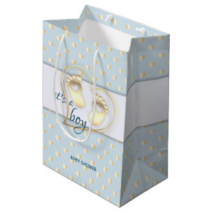 Golden Baby Boy Footprints and Hearts Baby Shower Medium Gift Bag