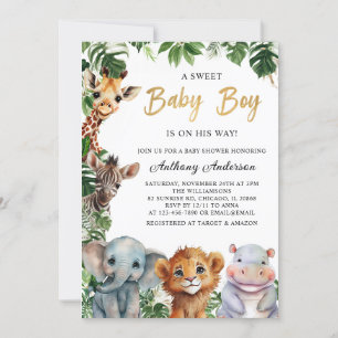 Golden Baby Boy Safari Animals Boy Baby Shower Invitation
