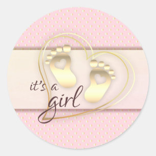 Golden Baby Girl Footprints and Hearts Baby Shower Classic Round Sticker