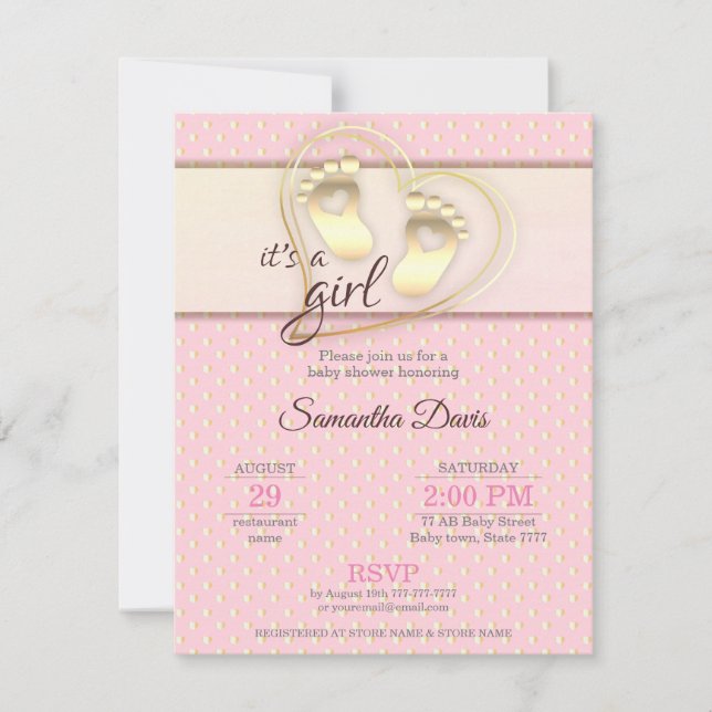 Golden Baby Girl Footprints and Hearts Baby Shower Invitation (Front)