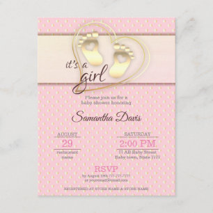 Golden Baby Girl Footprints and Hearts Baby Shower Invitation