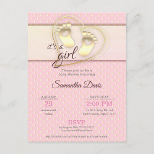 Golden Baby Girl Footprints and Hearts Baby Shower Invitation Postcard