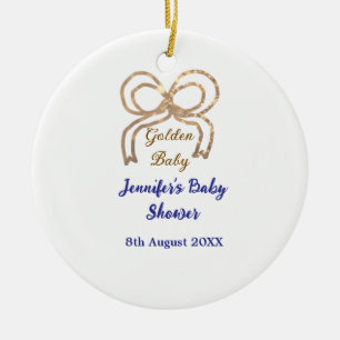 Golden baby glitter bow royal blue baby shower ceramic ornament
