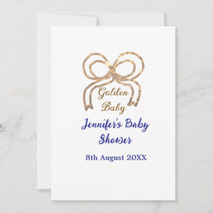 Golden baby glitter bow royal blue baby shower invitation