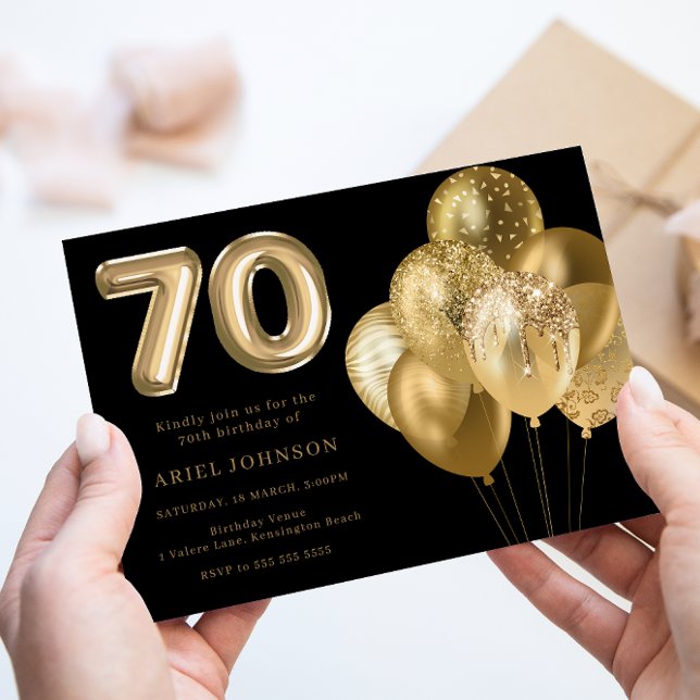 Golden Balloons Black 70th Birthday Party Invitation (Creator Uploaded)