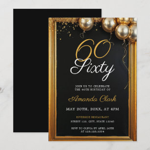 Golden Balloons Frame & Confetti 60th Birthday Invitation