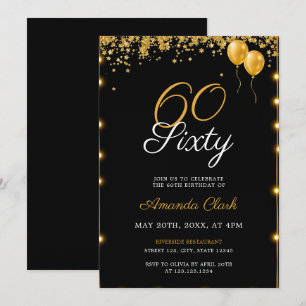 Golden Balloons with Confetti Lights 60th Birthday Invitation