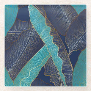 Golden Banana Leaf: Luxury Pattern. Glass Coaster