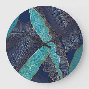 Golden Banana Leaf: Luxury Pattern. Large Clock
