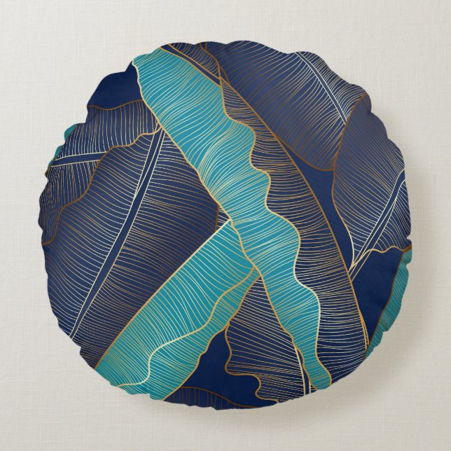 Golden Banana Leaf: Luxury Pattern. Round Cushion (Front)