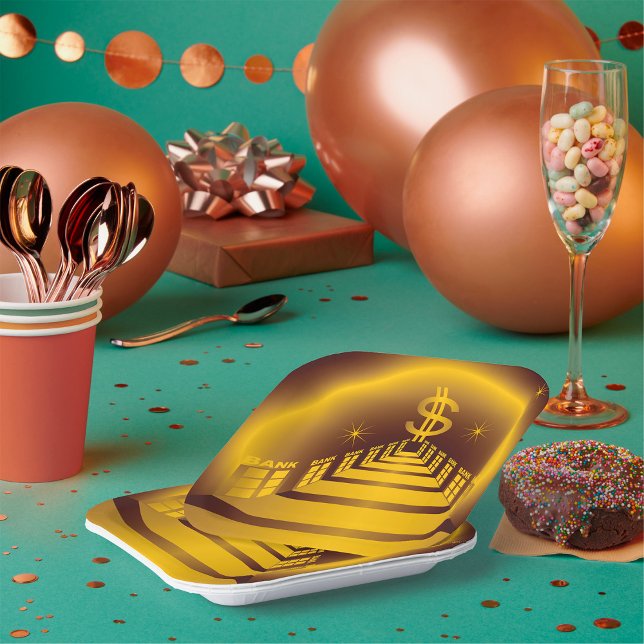 Golden Bank Corridor Glowing Dollar Finance  Paper Plate (Creator Uploaded)