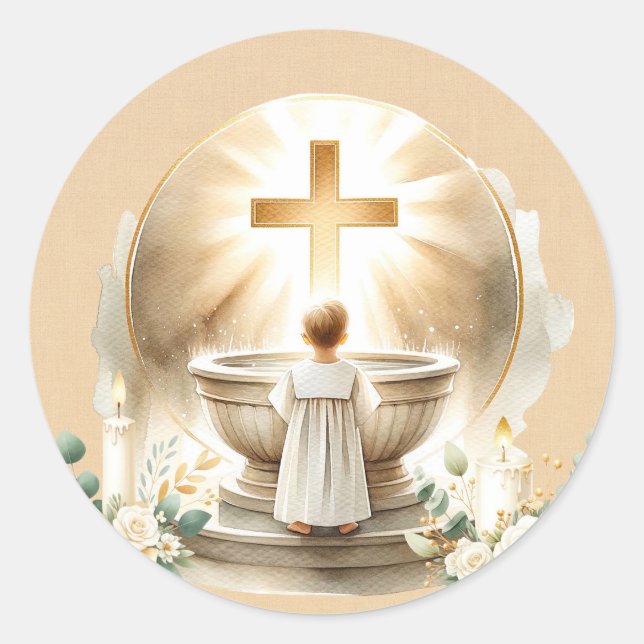 Golden Baptismal Baby Boy Christening Baptism Classic Round Sticker (Front)