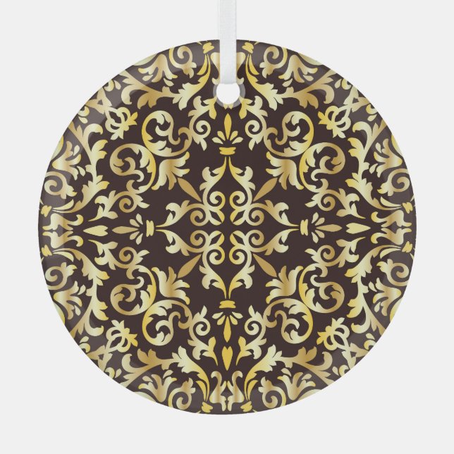 Golden Baroque Black Seamless Pattern Glass Tree Decoration (Front)