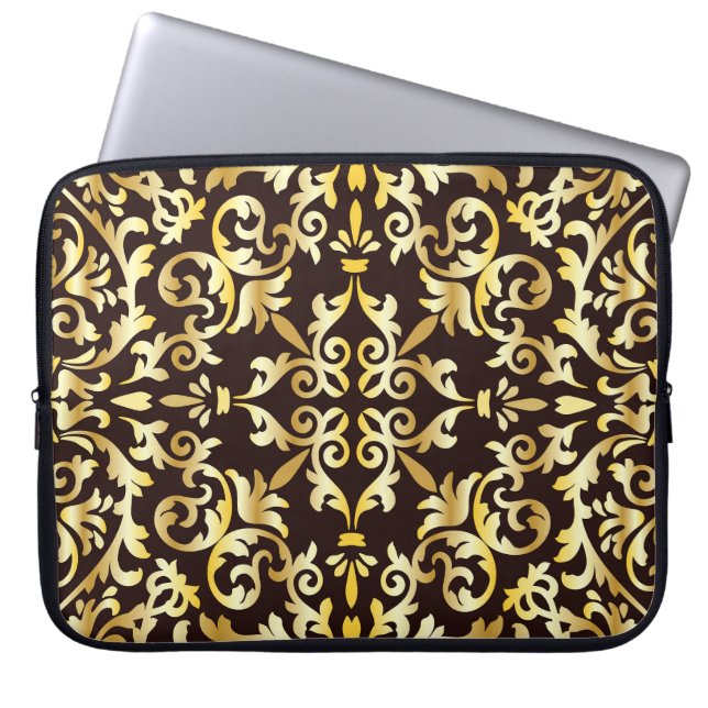 Golden Baroque Black Seamless Pattern Laptop Sleeve (Front)