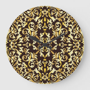 Golden Baroque Black Seamless Pattern Large Clock