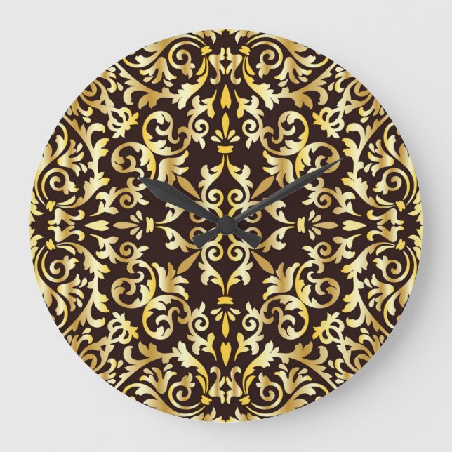 Golden Baroque Black Seamless Pattern Large Clock (Front)