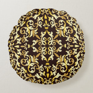 Golden Baroque Black Seamless Pattern Round Cushion