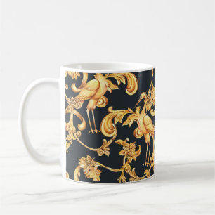 Golden baroque cranes: rococo ornament. coffee mug