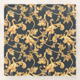 Golden baroque cranes: rococo ornament. glass coaster