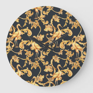 Golden baroque cranes: rococo ornament. large clock
