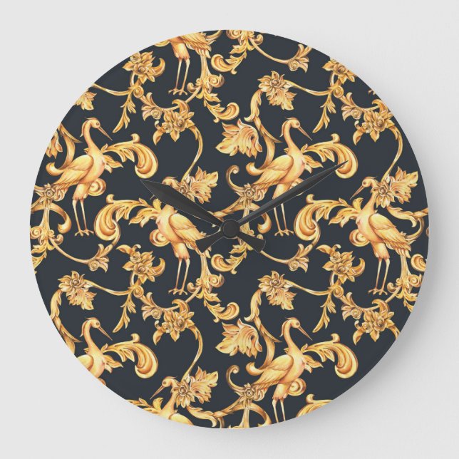 Golden baroque cranes: rococo ornament. large clock (Front)