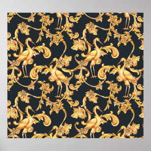 Golden baroque cranes: rococo ornament. poster