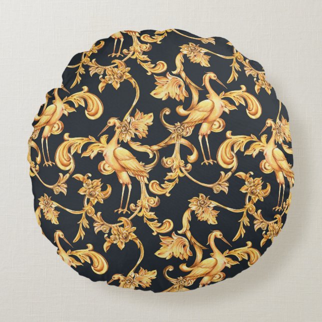 Golden baroque cranes: rococo ornament. round cushion (Front)