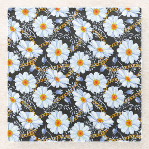 Golden Baroque: Floral Chain Texture Glass Coaster