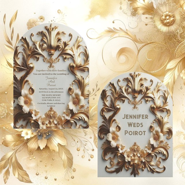 Golden Baroque Grandeur White Flower Swirl Arched  Invitation (Golden Baroque Grandeur White Flower Swirl Arched Invitation)