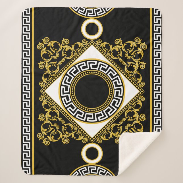 Golden Baroque: Greek Black Border Sherpa Blanket (Front)