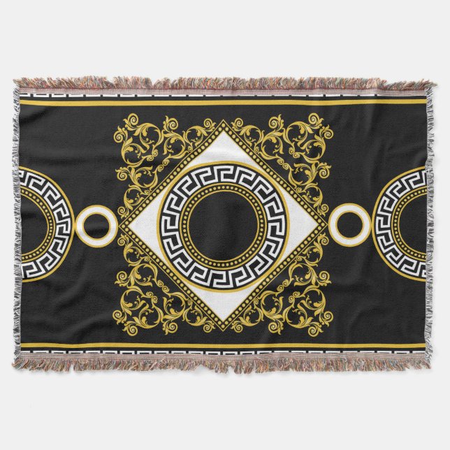 Golden Baroque: Greek Black Border Throw Blanket (Front)