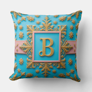 Golden Baroque Letter B Blue Monogram Elegance ✨ Cushion