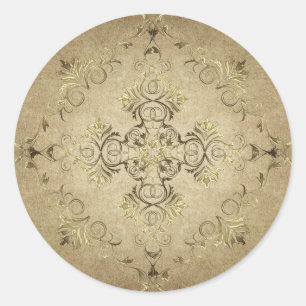 Golden baroque on grunge background. classic round sticker