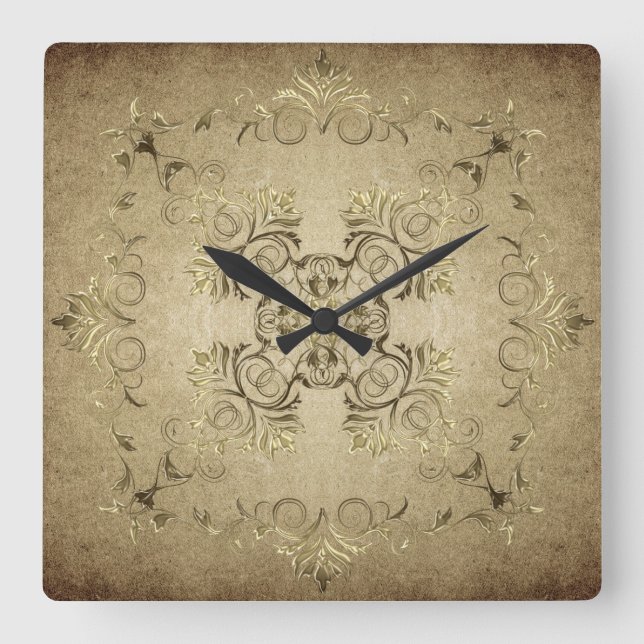 Golden baroque on grunge background. square wall clock (Front)