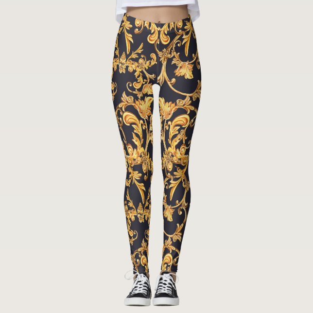 Golden Baroque, Scroll Leaves Pattern. Leggings (Front)